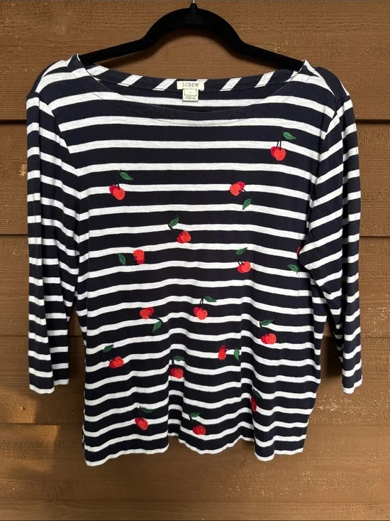 J. Crew Navy & White Striped Top with Red Cherry Details size Large