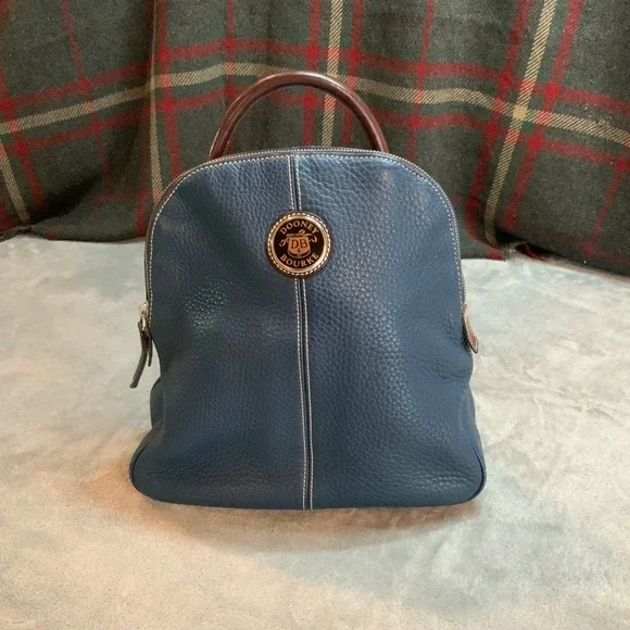 Dooney & Bourke Pebbled Leather Backpack Slate Blue Brown Trim Dome Bag