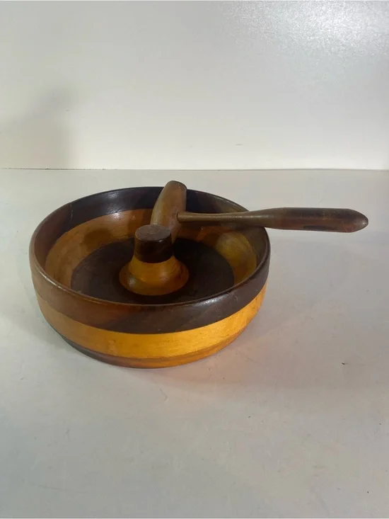 Vintage Nutcracker Set Featuring 2 Tone Staved Teak Bowl & Mallet