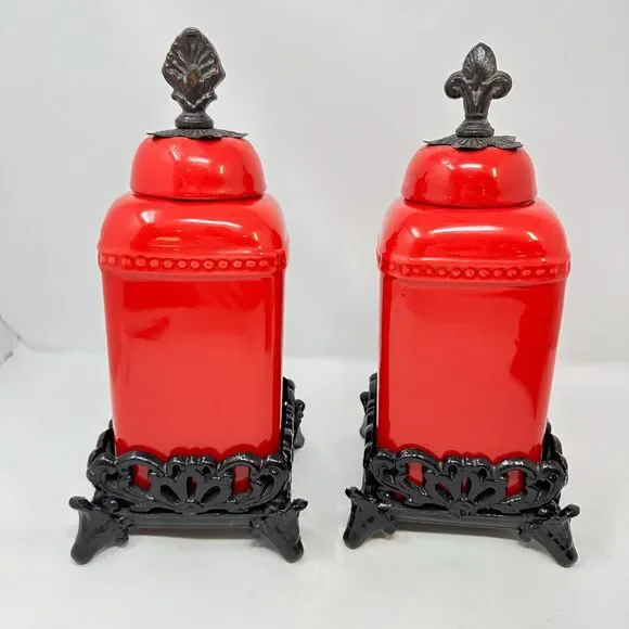 Red Ceramic Canister Set Fleur De Lis Tuscan Scroll Black Metal Base 2pc