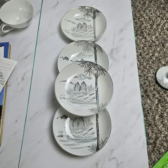 Vintage Meiyo China Nippon 1940s Silver Lithopane set of 4 bowls 5 inch