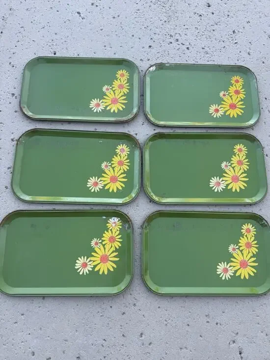 Set of 6 Vintage 60s Metal Tin Trays Avocado Green Daisy Floral Stacking Boho