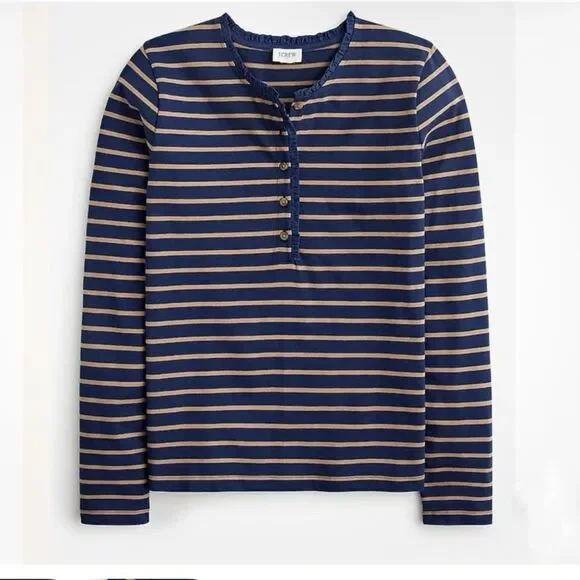 J. Crew Blue Tan Striped Ruffle-Collar Henley Top