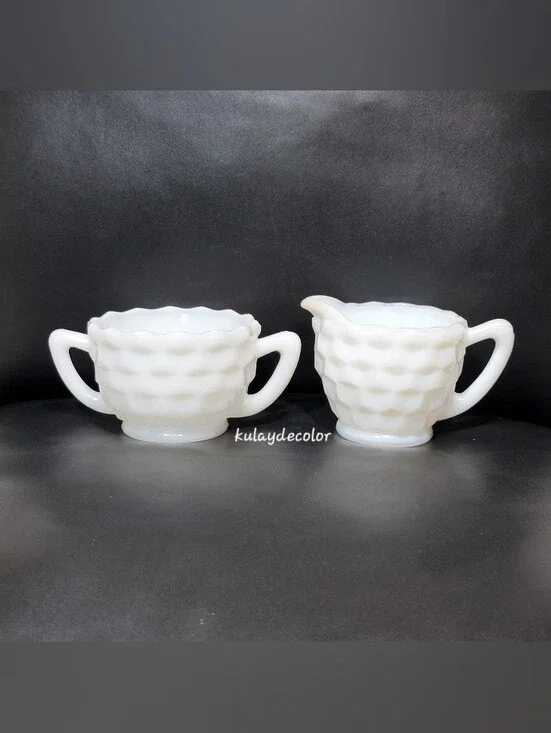 Vintage Jeannette White Milk Glass Creamer & Open Sugar Bowl Set Diamond Quilt