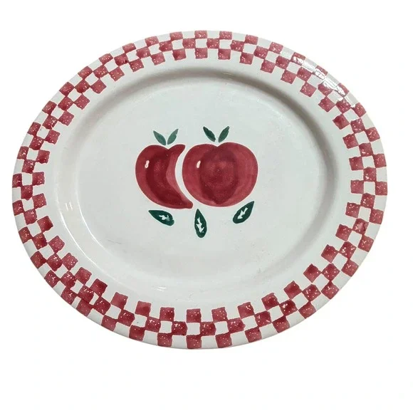 Vintage Hand Painted Ceramic Apple Platter Red Checkered Oval Serving Dish 14in