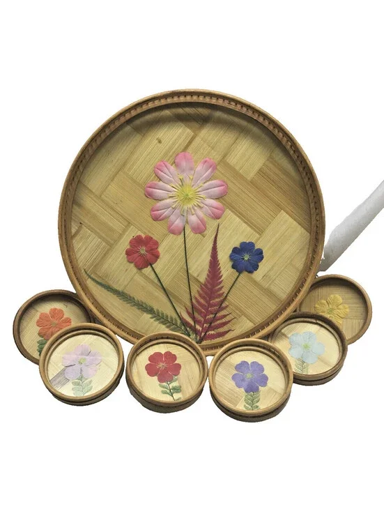 Vtg Bamboo Flowers Tray And Coasters 7 Pc Set Floral Tiki Bar Serving Platter