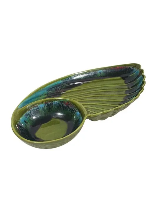 Vintage MCM Sequoia Ware California Pottery Green Blue Divided Serving Dish Dip