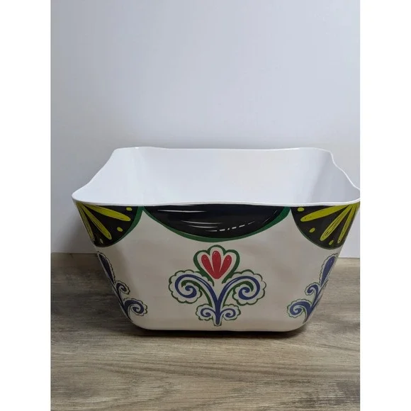 Pier 1 Imports Melamine Square Serving Bowl White Floral Scroll Pattern BPA Free
