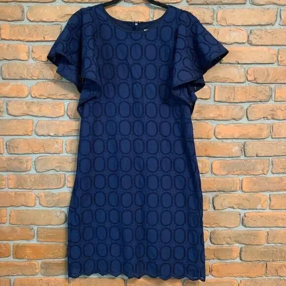 J.Crew Navy Eyelet Lace Dress with Flutter‎ Sleeves Zip Back Summer Cocktail - 4