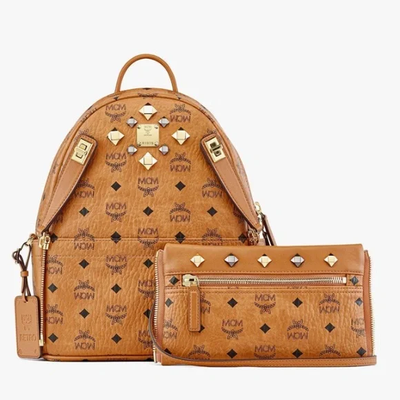 Authentic MCM Visetos Studded Medium Dual Stark Backpack Cognac 2 in 1