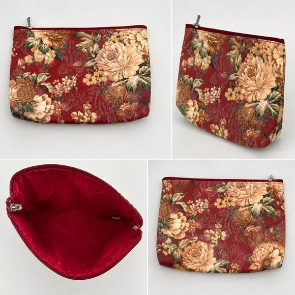 Vintage 70's Floral Zipper Cosmetic Makeup Travel Pouch Burgundy Rose Print Bag