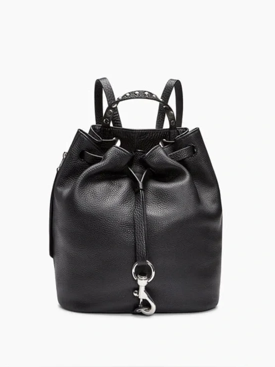 Rebecca Minkoff Blythe Black Leather Drawstring Backpack Silver Hardware $325