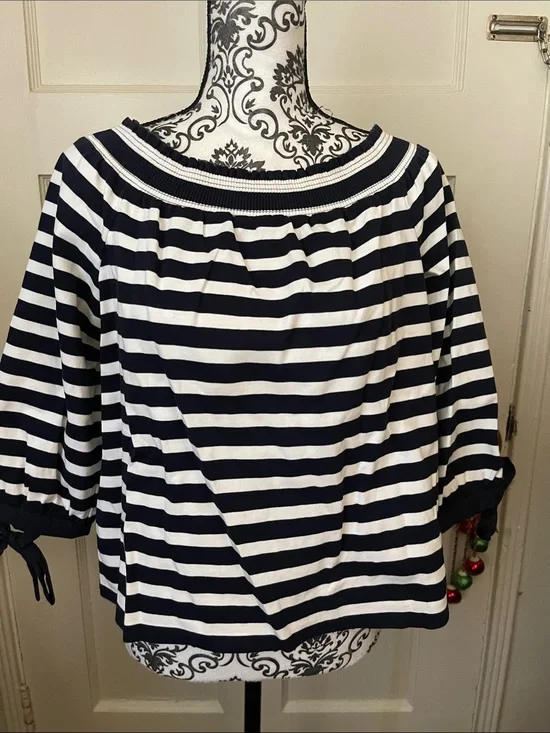 J. Crew Navy and White Striped Off-Shoulder Top