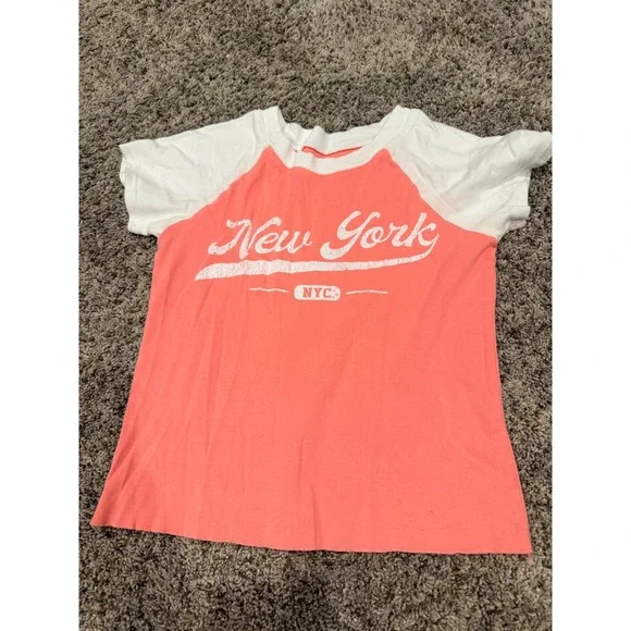 Art Class Girls New York NYC Raglan Tee Coral Pink White XL 14 Short Sleeve