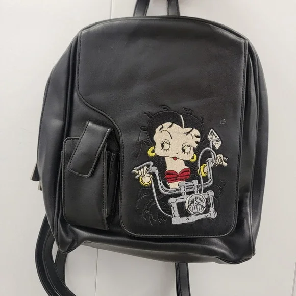 Vintage 2002 Betty Boop Biker Motorcycle Mini Backpack Black Faux‎ Leather Y2K