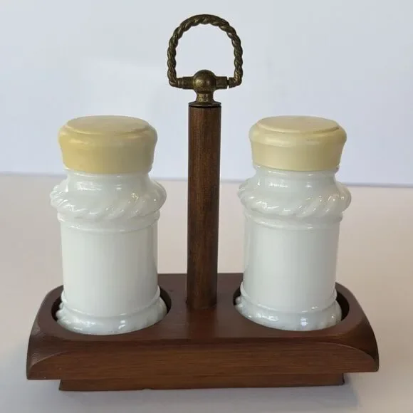 Vintage 1960s Milk Glass Salt & Pepper Shakers Set w Caddy Rope Twist Ribbed