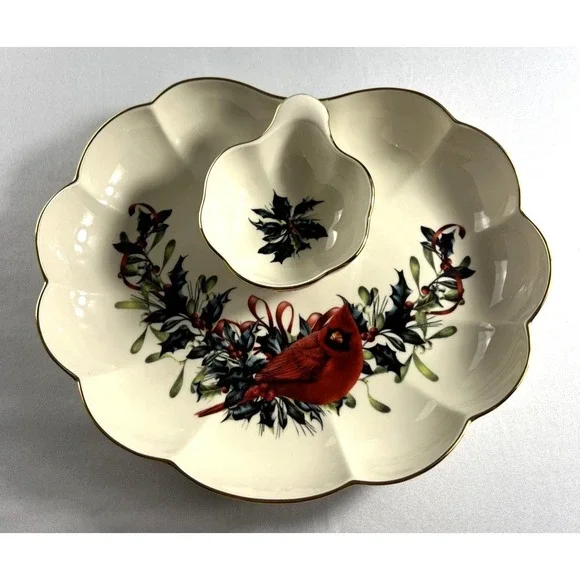 Lenox Winter Greetings 2pc Crudite Serving Bowl Gold Ruffled Edge 1996