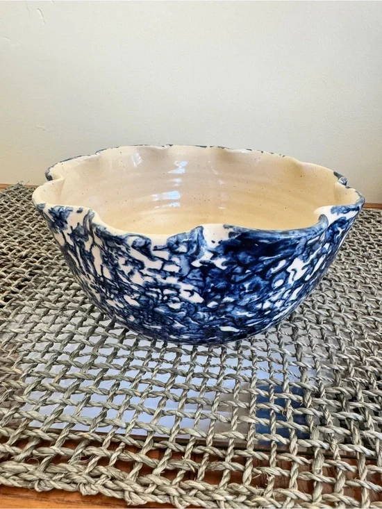 Handcrafted Blue and Cream Ceramic Decorative Bowl