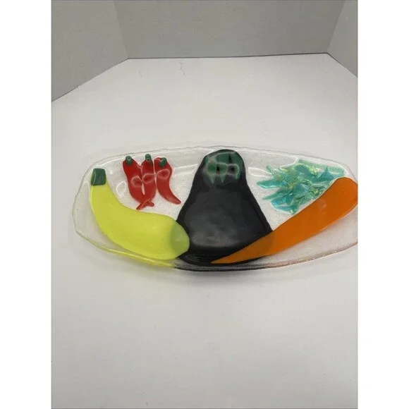 Vintage Handmade Fused Glass Platter Veggies Mid-Century  By Wanda Tropea  ‘95