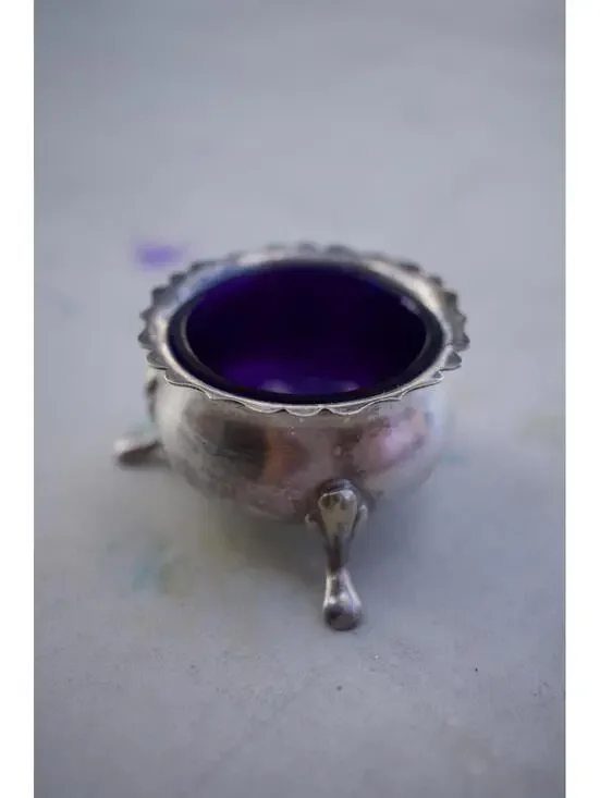Vintage Silver Tripod Salt Cellar with Purple Glass Insert