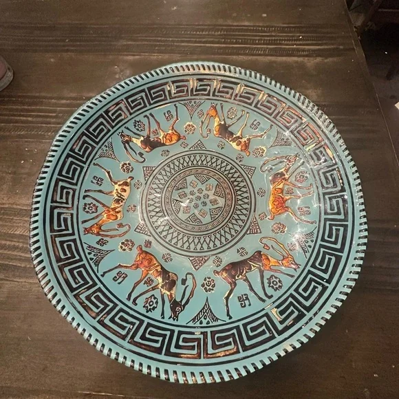 Vintage Turquoise Blue Glass Serving Bowl with Animal Motif by AKCAM Fabrique