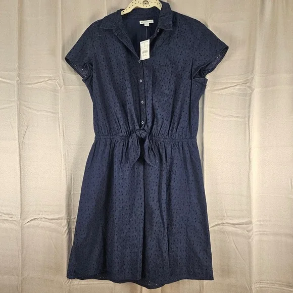NWT J Crew‎ Mercantile Navy Short Sleeve Eyelet Collared Tie Front Dress Small