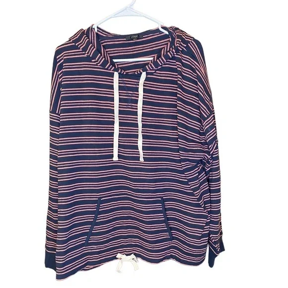 J.Crew navy & coral pink striped drawstring waist hoodie super soft plus size 2x