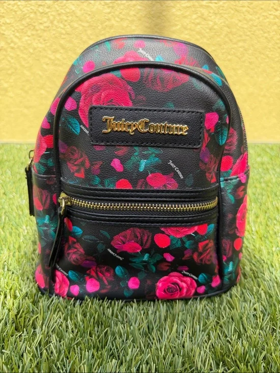 Juicy Couture Black Floral Rose Mini Backpack Y2K Pink Roses Bag Purse OSFA
