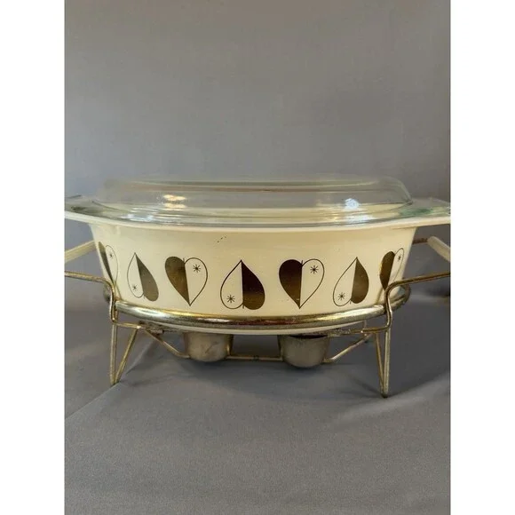 VTG PYREX Golden Hearts Promotional Casserole #045 2.5 Qt W Candle Warmer READ