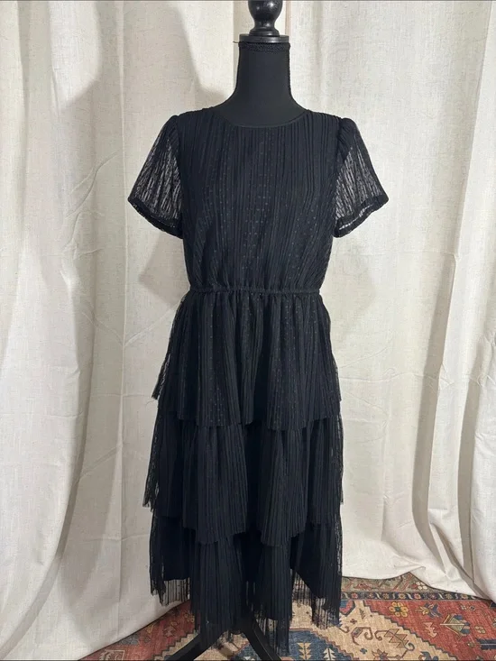 J. Crew Black Pleated Flock Dot Tiered Short Puff Sleeve Midi Dress