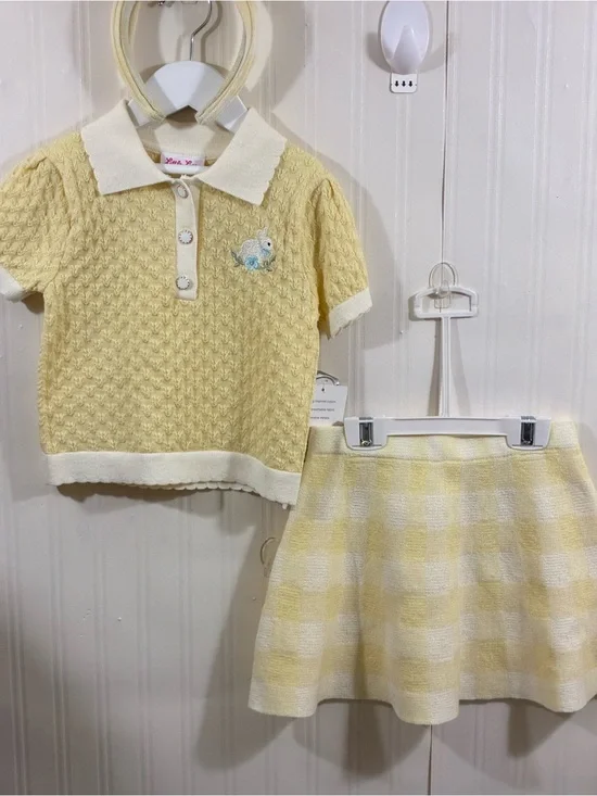 Little Lass Yellow and White Knit Polo Top with Matching Check Skirt