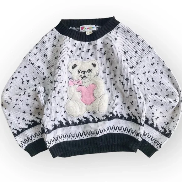 Vintage Picamo White Black Knit 3D Teddy Bear Heart Sweater Girls 5/6 80s Retro