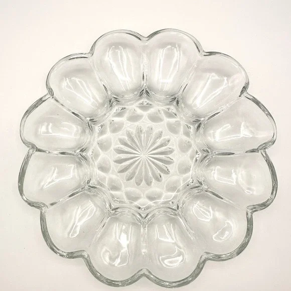 Anchor Hocking Clear Glass Deviled Egg Plate 10 Inch Vintage Scalloped Sunburst