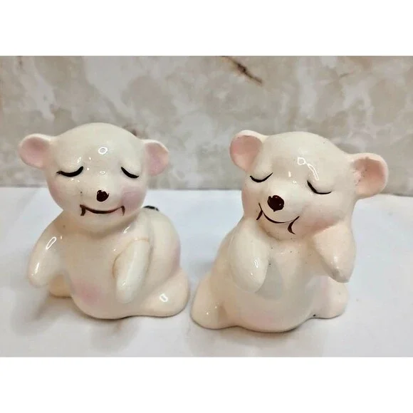 Vintage Occupied Japan White Huggable Bears Salt & Pepper Shaker Set