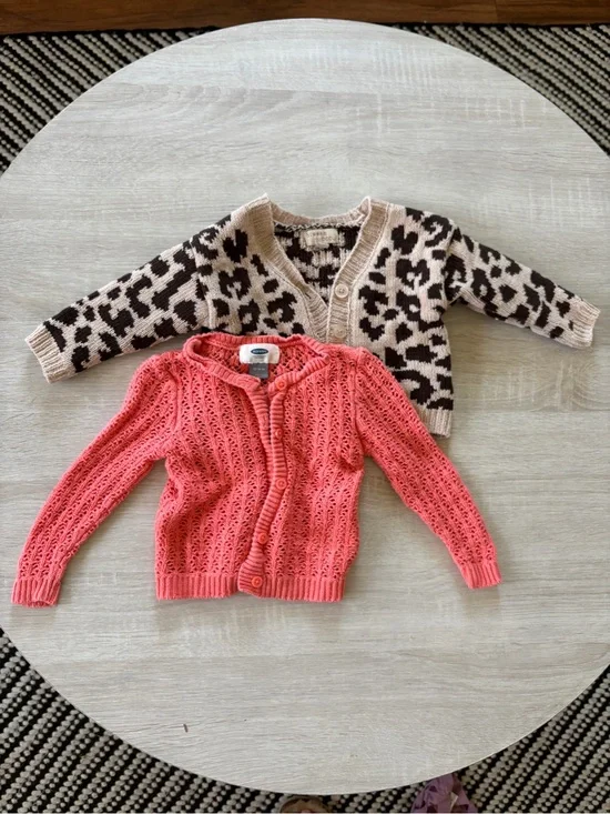 Old Navy Coral Knit Cardigan and Beige Leopard Print Cardigan