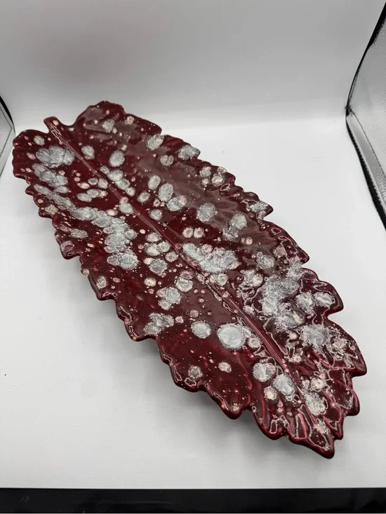 Vintage Large Red Leaf Textured Spotted Pottery Centerpiece 20 Inches