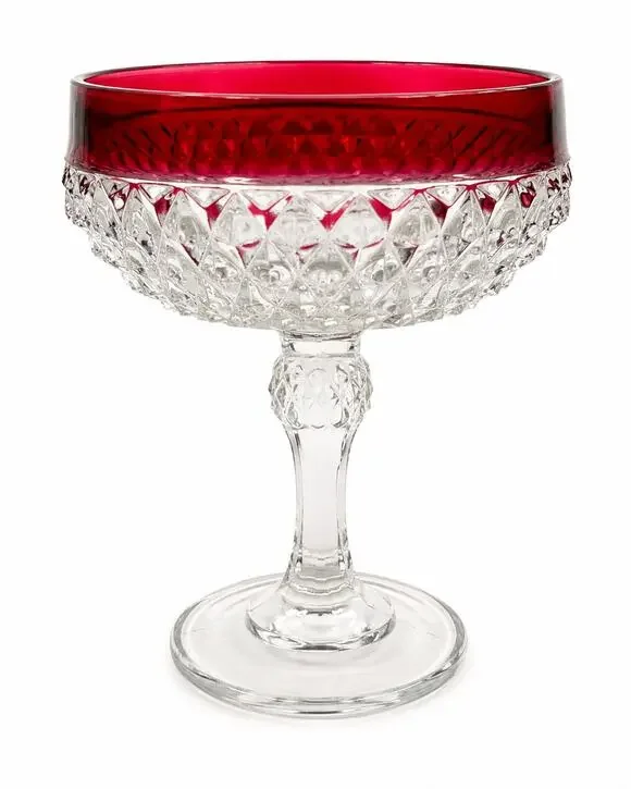 Vintage Ruby Flash Glass Pedestal Compote Candy Dish Bowl Diamond Point Clear
