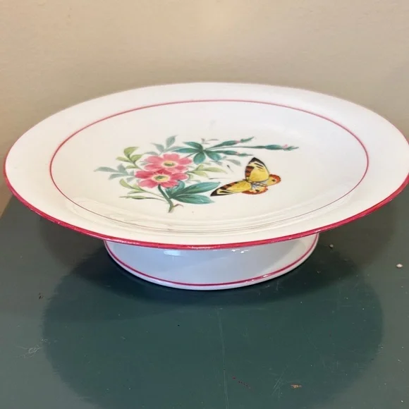 Vintage White Ceramic Pedestal Dessert Plate with Pink Floral & Butterfly Motif
