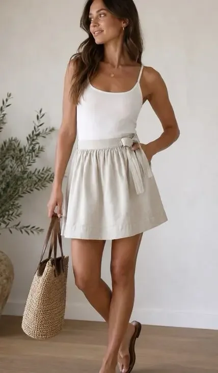 J. Crew Linen Cotton Tie Waist A-Line Skirt Oatmeal Beige 4 Lined Summer Coastal