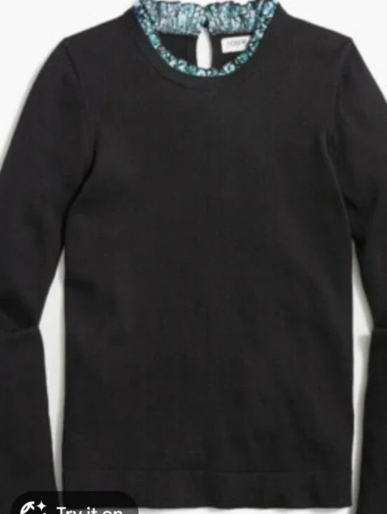 J. Crew Black Crewneck Sweater Floral Ruffle Trim