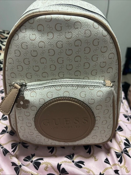 GUESS Cream and Tan Logo Mini Backpack