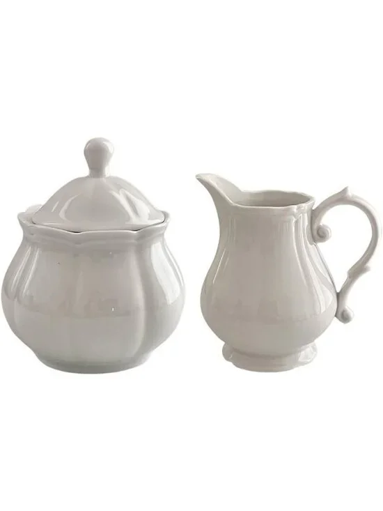 Vintage Embossed Ceramic Creamer & Sugar Bowl Set - White Coffee Serving Set