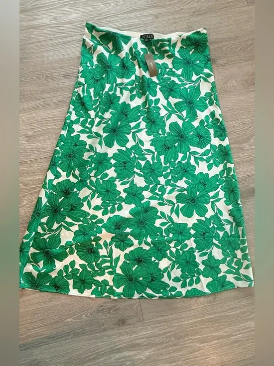 NWT J.Crew Green Floral Slip Midi Skirt Satin A-Line Emerald M💛