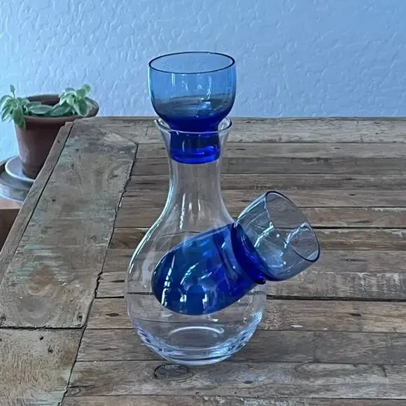 Tokyo Sasaki Glass Cold Sake Set Carafe Cobalt Blue Japanese Mid Century MCM