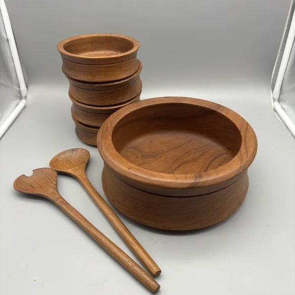 Vintage Genuine Teak Wood 7pc Set From Thailand Salad Bowl & Serving Bowls MCM
