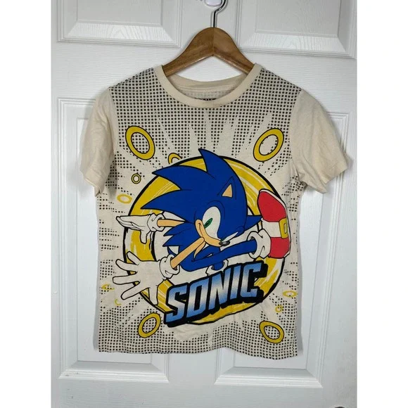 Sonic The Hedgehog T-Shirt Kids 14/16 Cream Shadow Graphic Tee Sega Halftone Dot