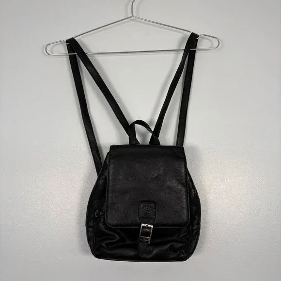 J.G. Hook Womens Mini‎ Backpack Small Black Pebbled Leather Buckle Flap Strap