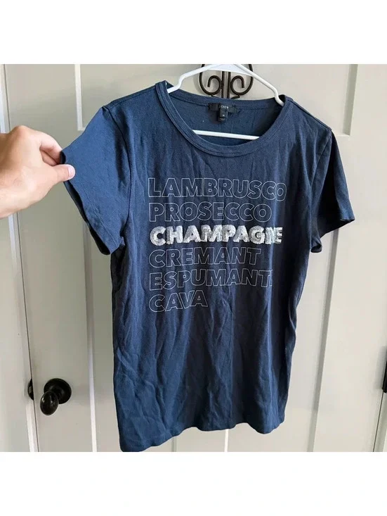 J.Crew Champagne Sequin Graphic T-Shirt Women’s M Navy Wine Sparkle Tee