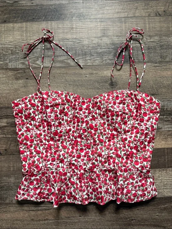 J. Crew Liberty fabric Red floral Print Tie-Shoulder Peplum corset Camisole crop
