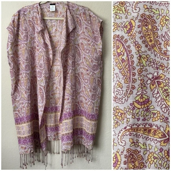 J. Crew Linen Blend Boho Paisley Printed Fringe Trim Beach Poncho Swim Cover Up